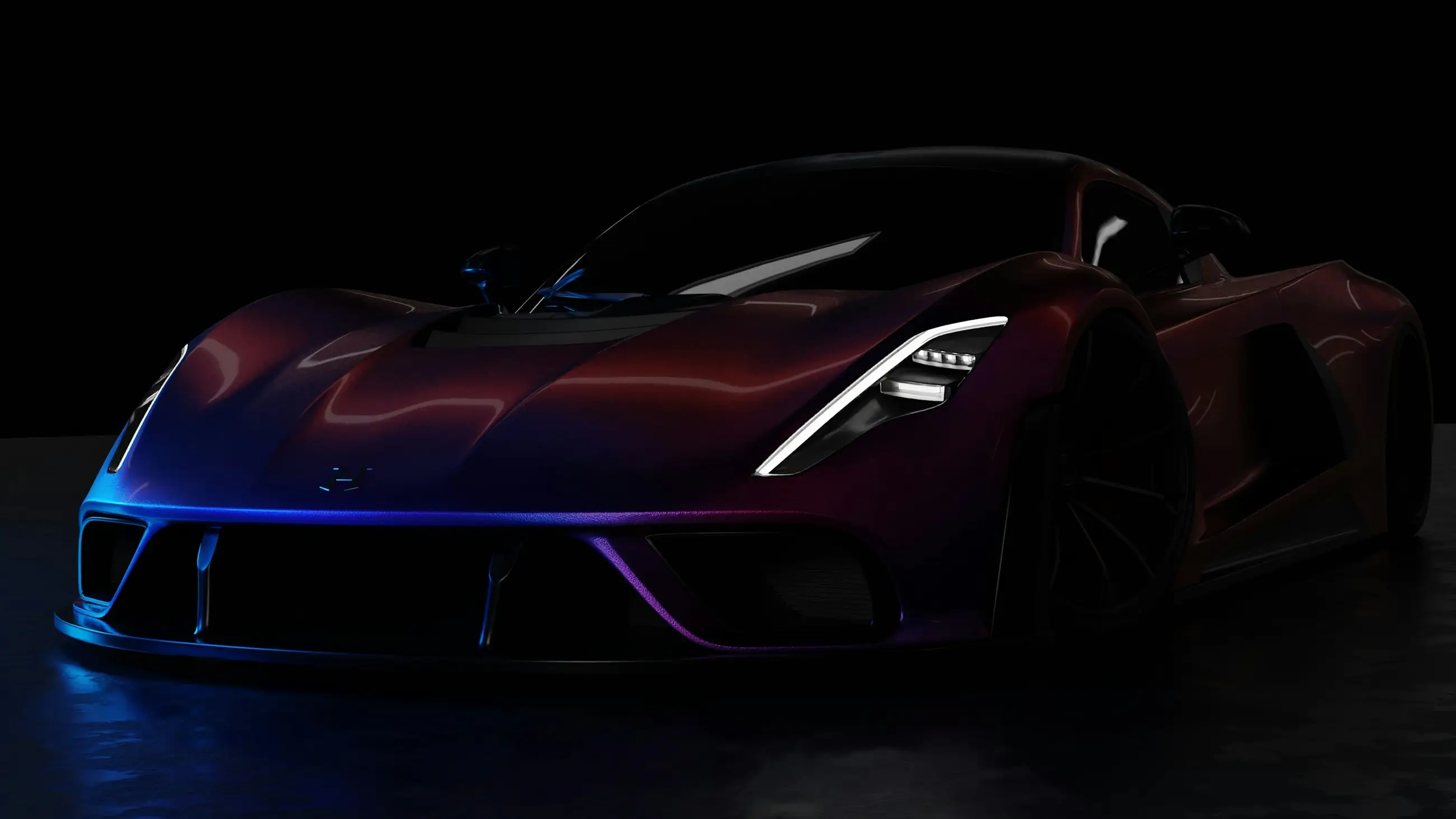 Hypercar in een donkere studio, belicht met blauw en paars licht